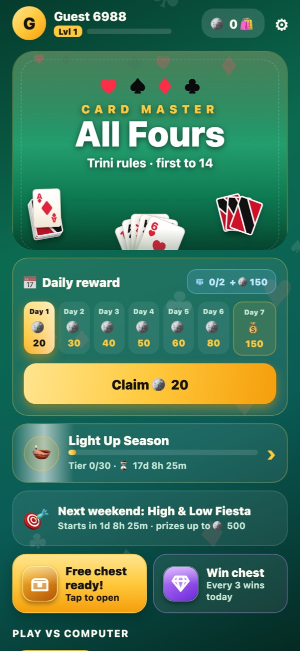 The lobby with daily rewards and venues